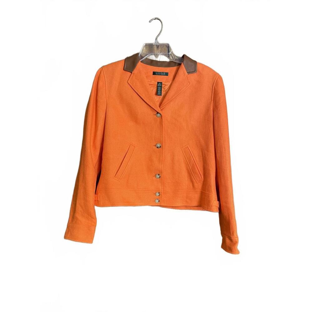 Lauren Ralph Lauren orange 100% linen blazer with a brown leather collar 14